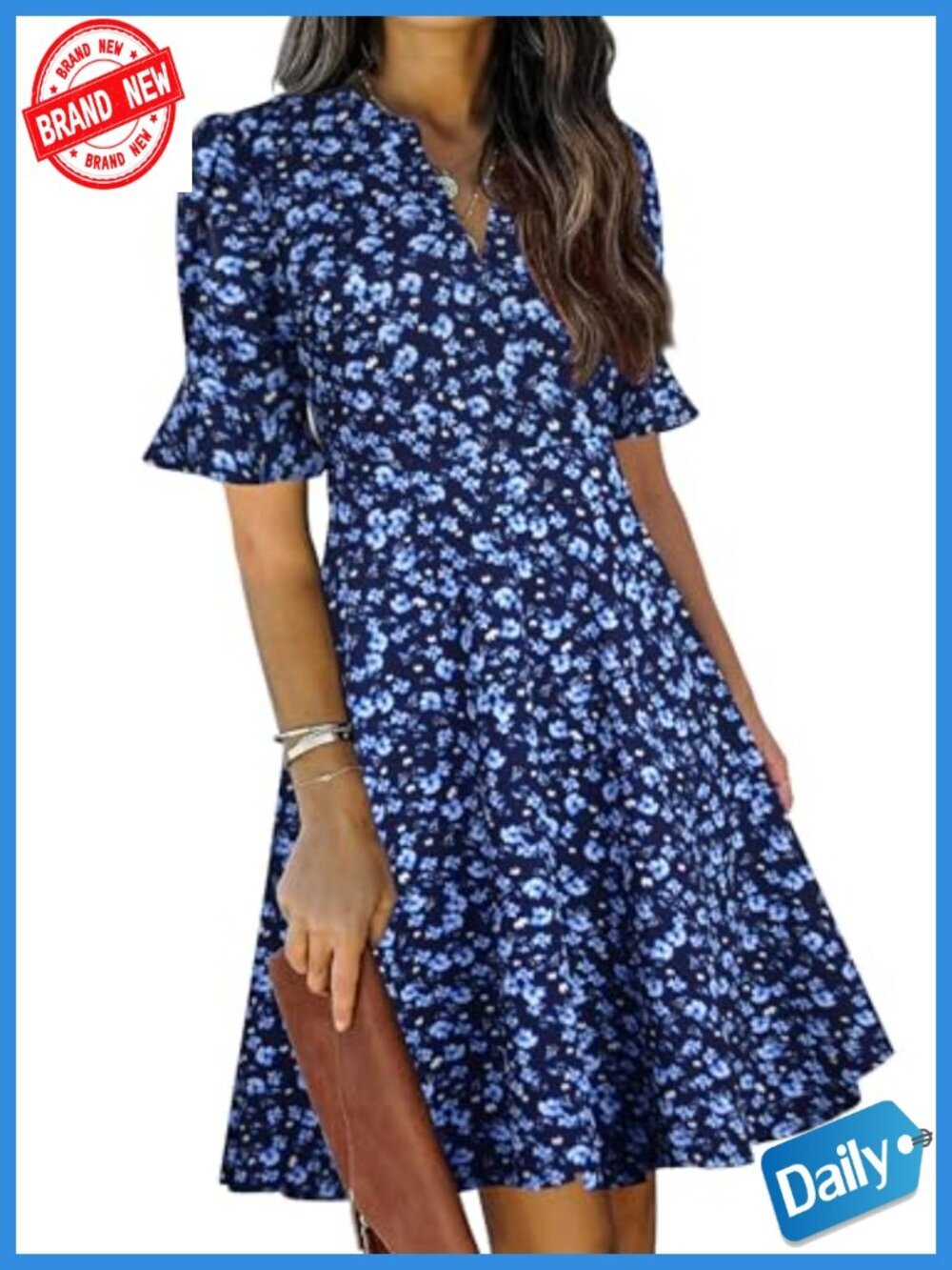 V-Neck Ruffle Short Sleeve Fit and Flare Knee Length Dress with Pockets